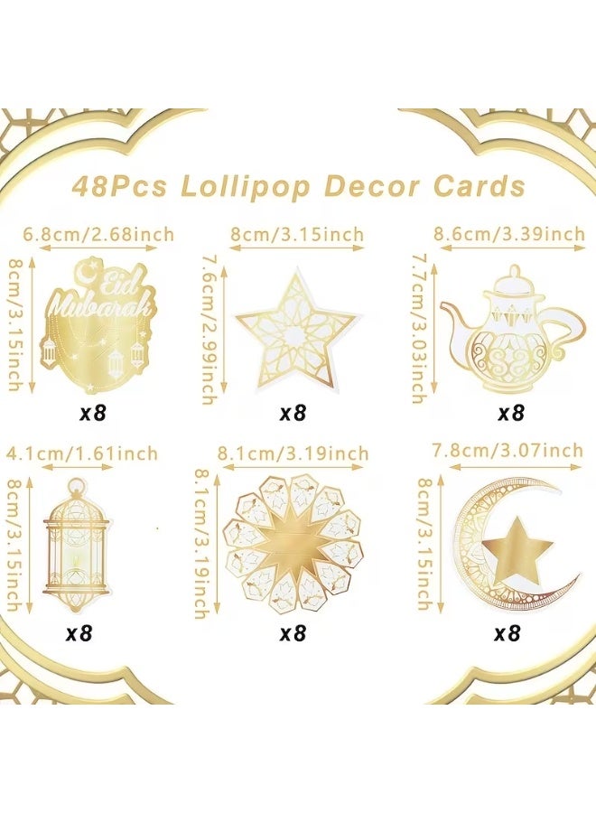 48PCS Eid Mubarak Lollipop Holder Cards – White, Green & Gold Moon Star Design Paper Candy Covers for Ramadan & Eid Al-Fitr Party Favors - Image 4